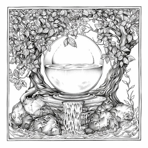 Ball with enchanted background, Jan Brett style, coloring book page