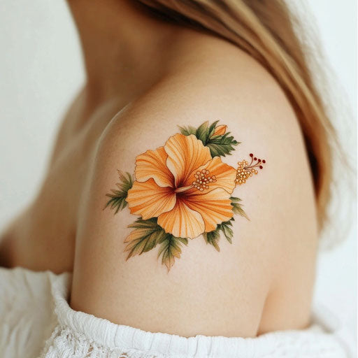 Hibiscus flower tattoo on a pure white background in the style of Peter Jackson on a shoulder