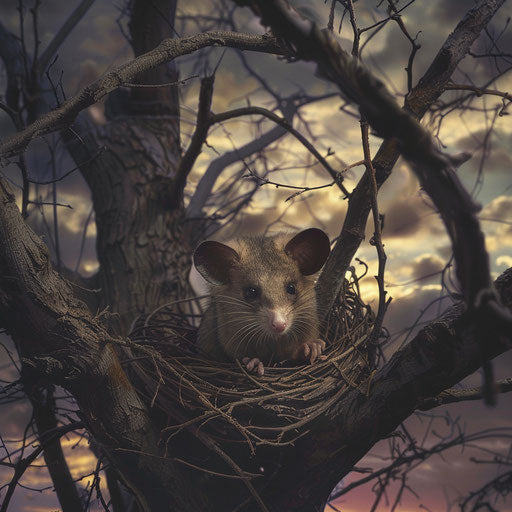 Possum peeking out from its nest in a tree under a dramatic sky