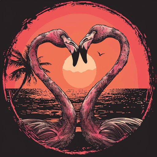 Flamingo couple forming heart with necks at sunset