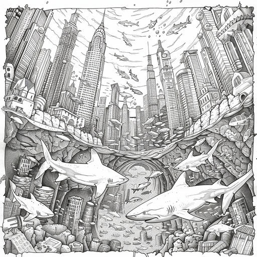 Highly detailed underwater city with sharks - Coloring page