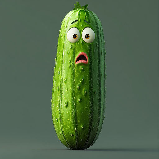 Humorous caricature of a cucumber with human characteristics
