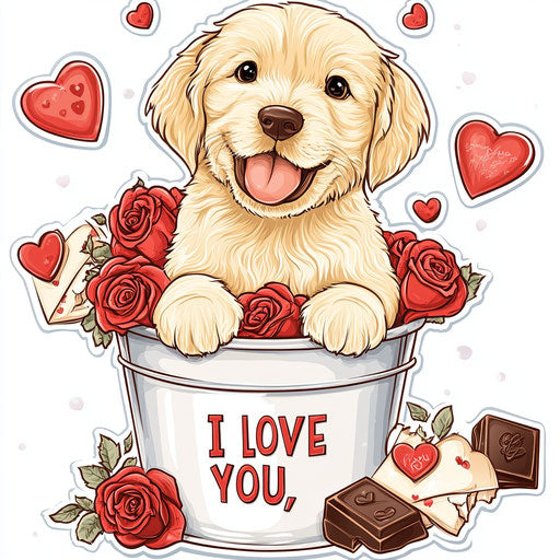 Cute golden retriever puppy in a bucket of red roses, chocolate, and heart-shaped cards