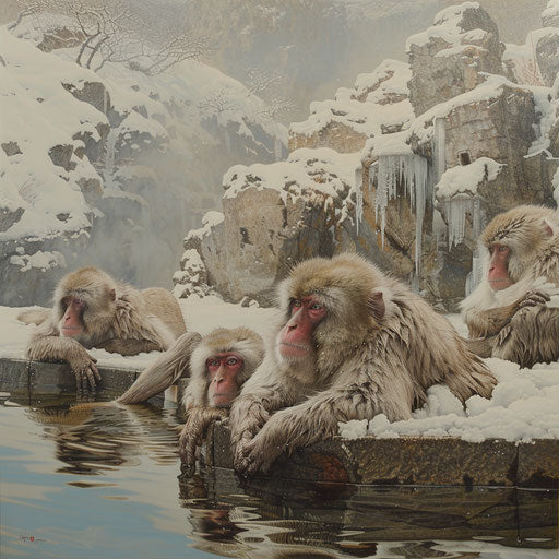 Monkeys in a hot spring amidst snow