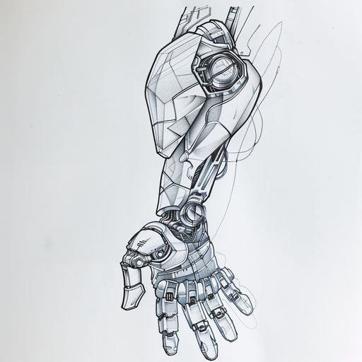 Futuristic robotic arm tattoo sketch in metallic shades
