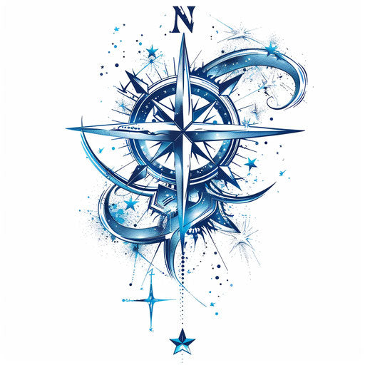 Nautical tattoo of compass rose and stars in abstract style