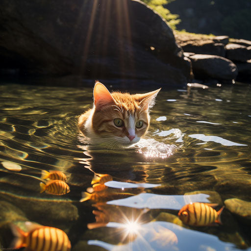 Manx cat swimming in a lake by the shore