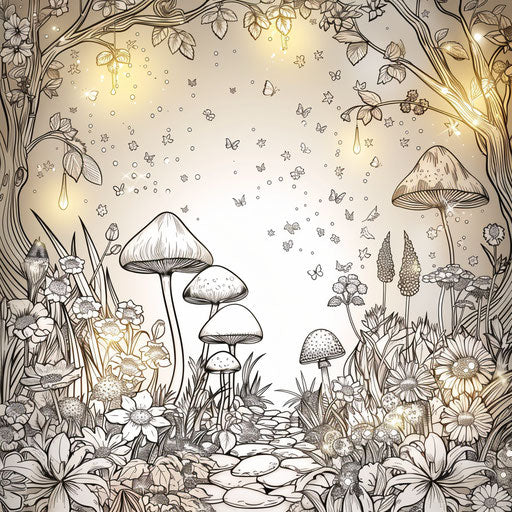 Mystical forest with glowing flowers and magical creatures