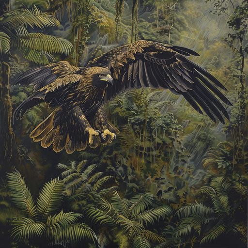 Eagle in intense dive, eyes on prey in thick green forest