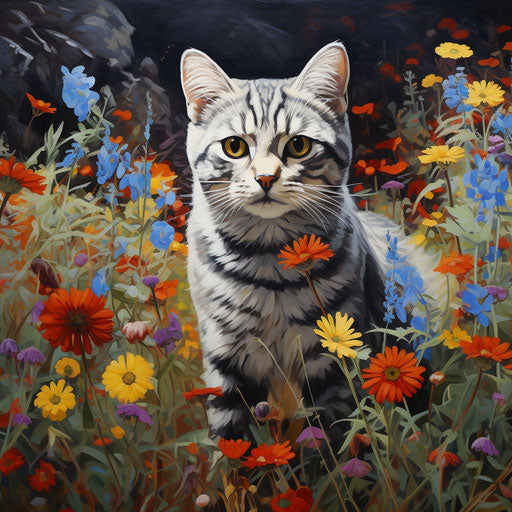 American cat in a field of flowers