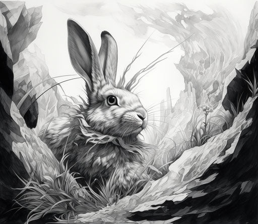 Black and white rabbit drawing, sharp lines and edges