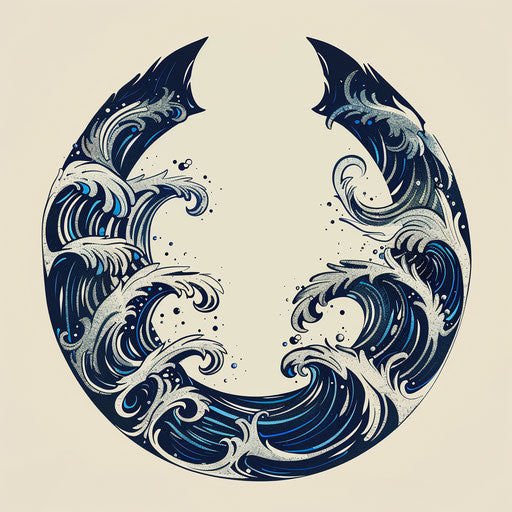 Sleek flat tattoo sketch of a horseshoe with abstract blue waves