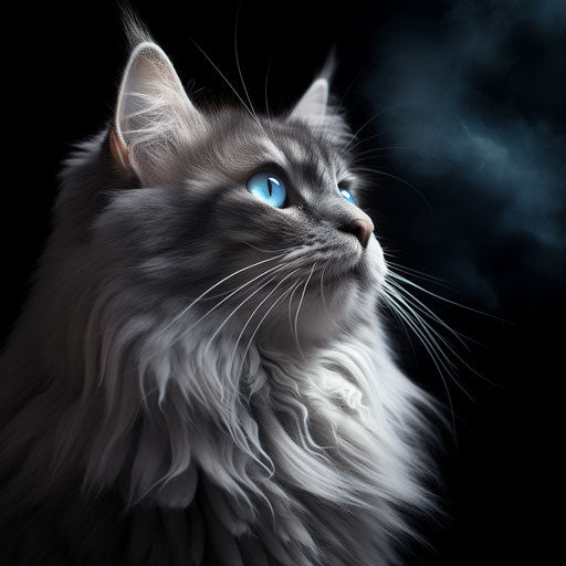 Cat on black background, light sky blue and dark silver style