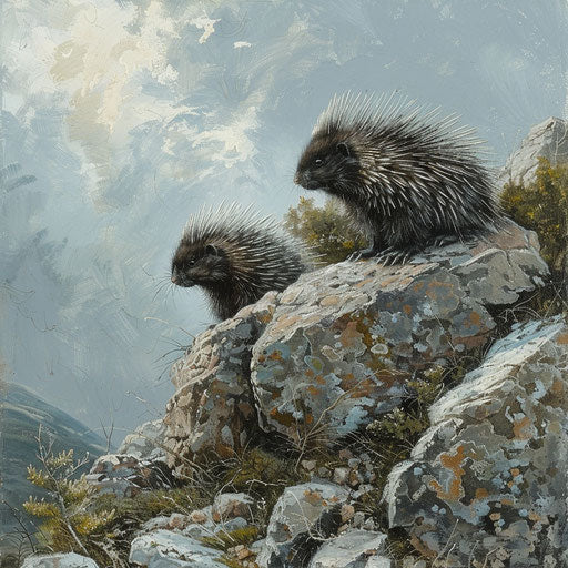 Porcupines on a rocky hillside, in the style of Marsel van Oosten