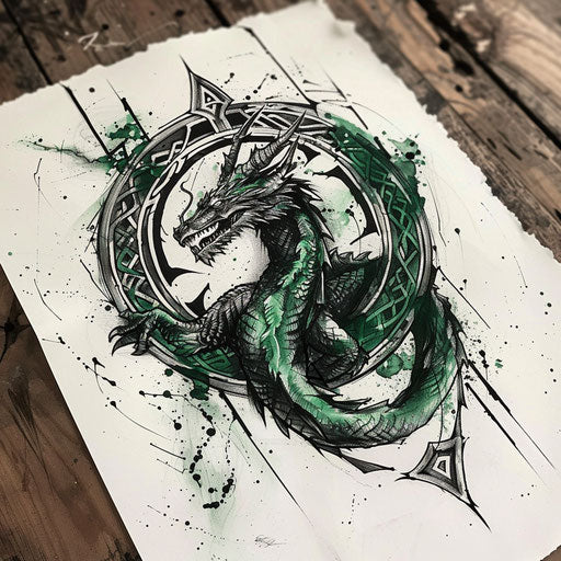 Rune with fierce dragon in deep greens and blacks