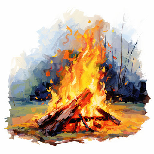 Campfire illustration in the style of Impressionistic Art, on white background