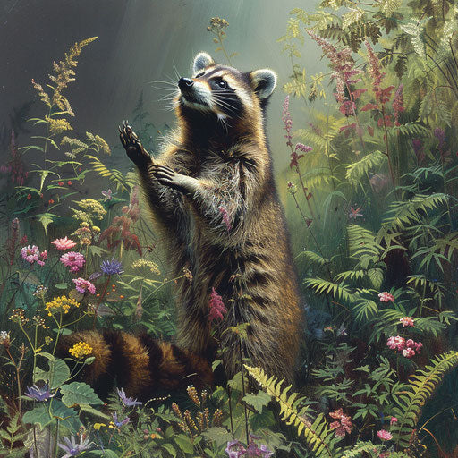 Raccoon standing among ferns and wildflowers, sniffing the air