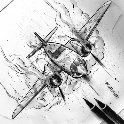 Graffiti art inspired tattoo sketch of a stunt plane with smoke trails