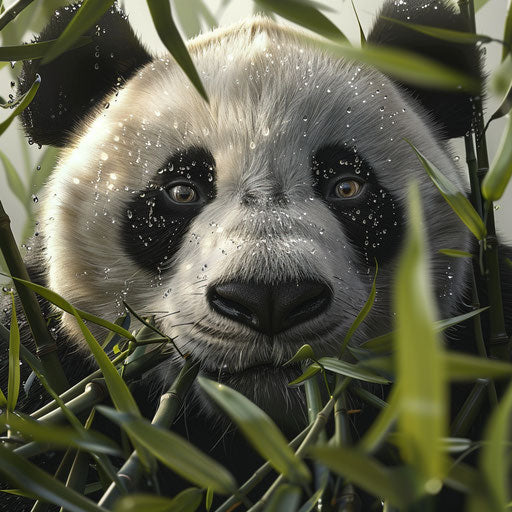 Giant panda portrait among bamboo in the morning light