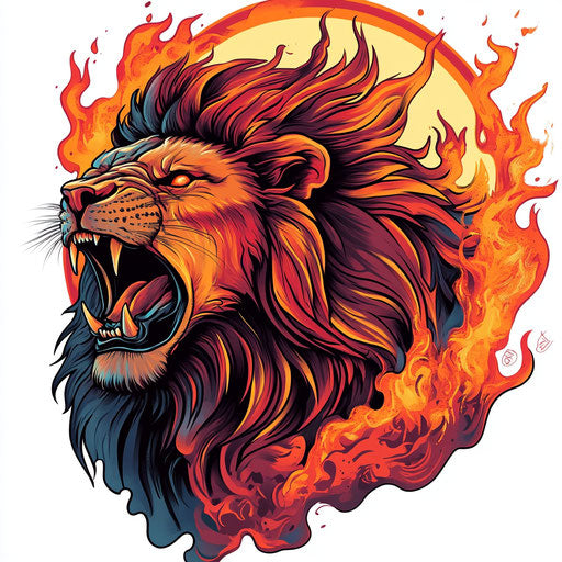 Roaring lion tattoo sketch with fiery colors