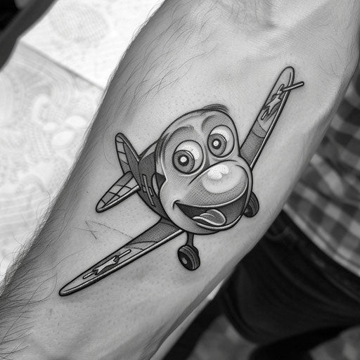 Cartoon tattoo sketch of a funny animated plane with eyes