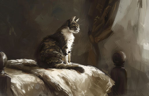 Cat sitting on a bed, dark brown and white style, polished surfaces, whirring contrivances