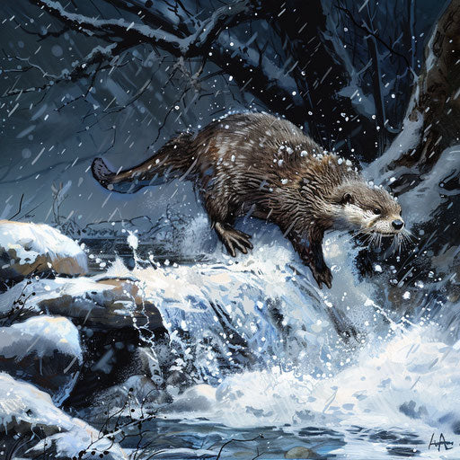 The daring escape of an otter in the snow to the icy river