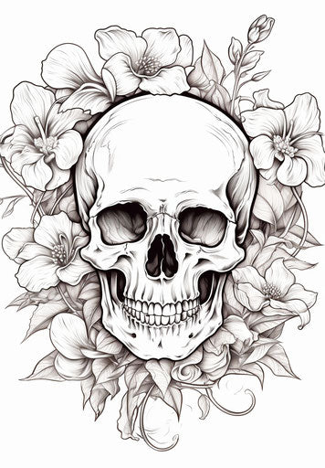 Skull and flowers in vintage chicano style, intricate details, light brown and light black