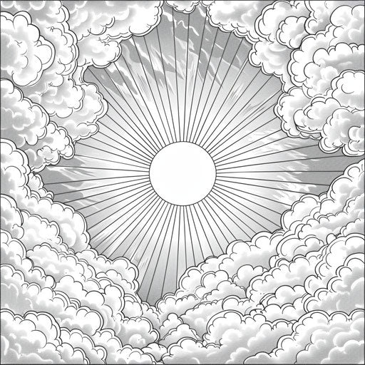 Fluffy clouds with sun peeking through, detailed illustration