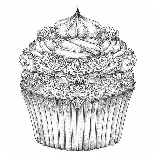 Intricate cupcake with baroque patterns in the style of Gennady Spirin Coloring book page