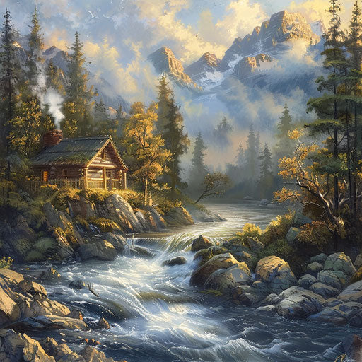 Mountain cabin by a river, William Patino style