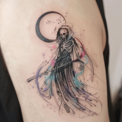 Surrealist reaper tattoo with dream-like elements