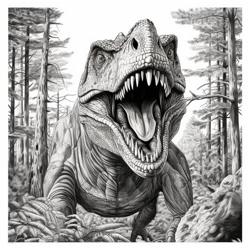 The T-rex of the dinosaurs on the trail in the woods