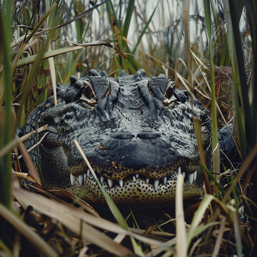 Alligator resting among tall grasses, perfect camouflage