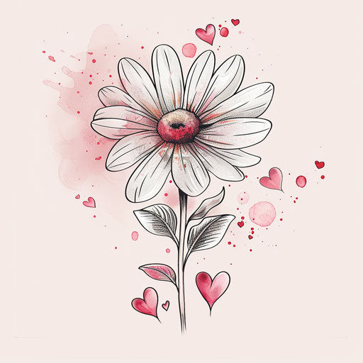 Romantic sketch of a daisy with hearts