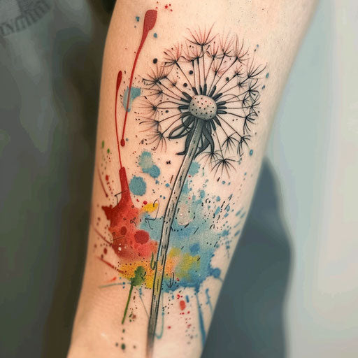 Dandelion tattoo merging with abstract splatters and drips
