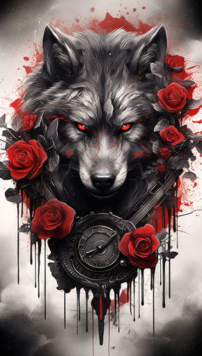 A tattoo of a wolf with roses and birds, dark silver and red style, clockpunk, columns and totems, resin, highly textured, gemstone, canon 7 21:37