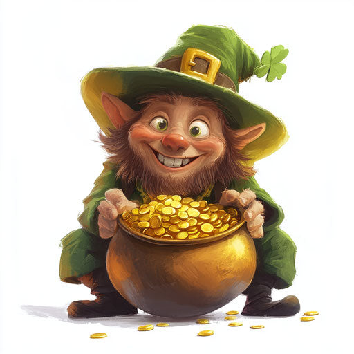 Leprechaun with pot of gold, white background, clipart style