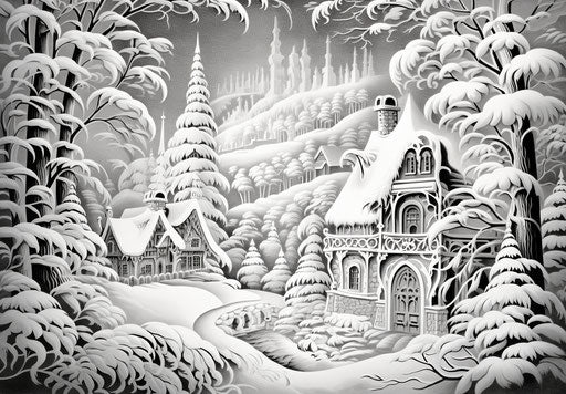 Elaborate drawing of cottage, village and snow