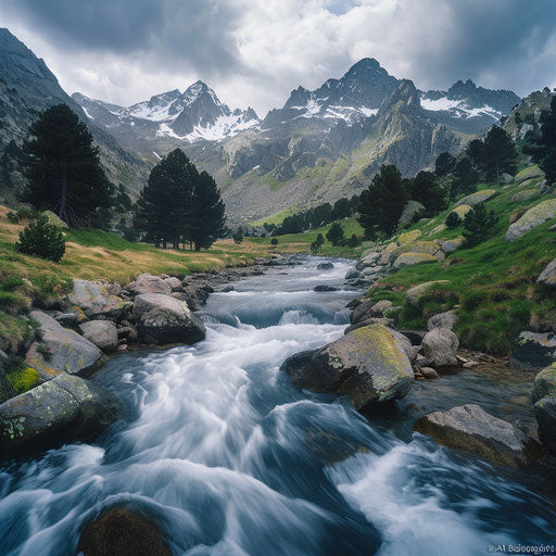 The Pyrenees Mountains with a river in the foreground