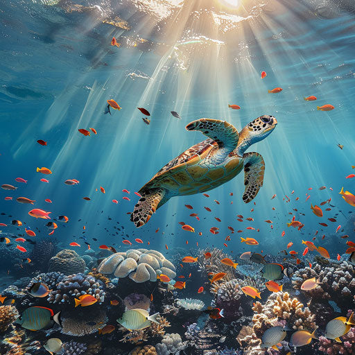 Sea turtle gliding over a vibrant coral reef