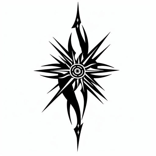 Tribal true north tattoo design, sharp black angles and curves on white background