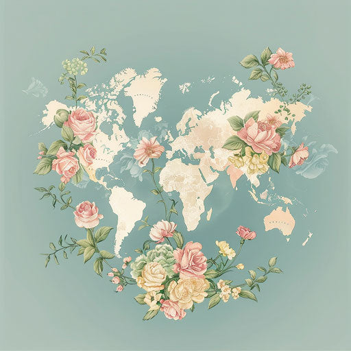 Elegant floral-inspired map logo with continents and islands as bouquet