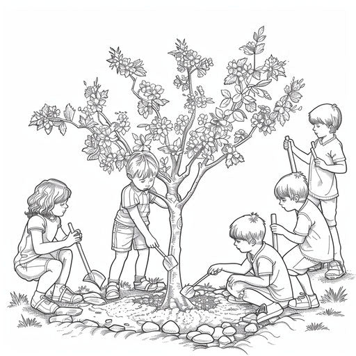 Children planting a tree in a spring garden
