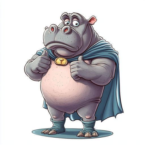 Humorous caricature of a hippo with human characteristics