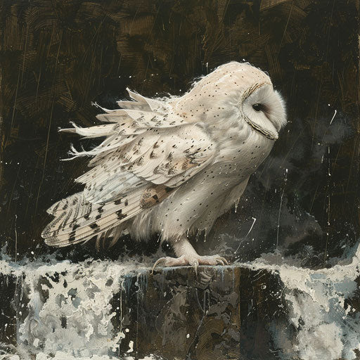 Spotted white owl on a ledge overlooking a thunderous river