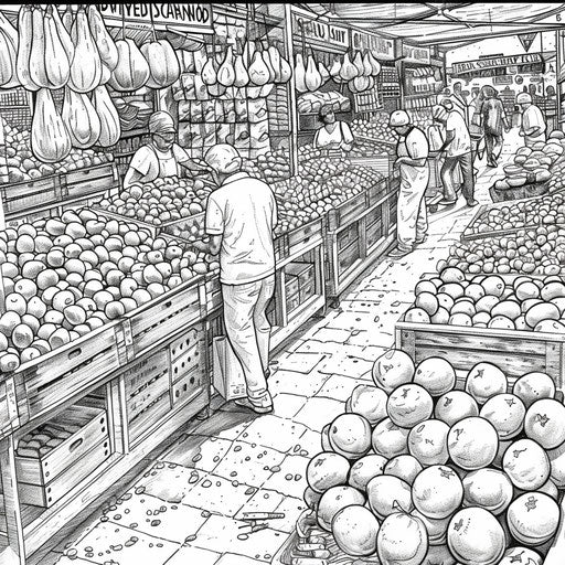 Detailed fruit market scene with bustling activity in coloring book style