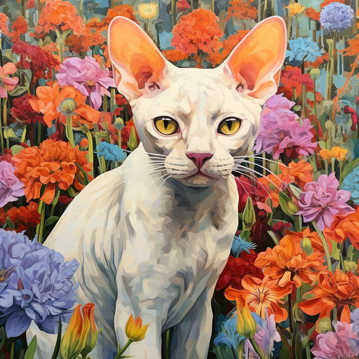 Devon rex cat in a field of flowers