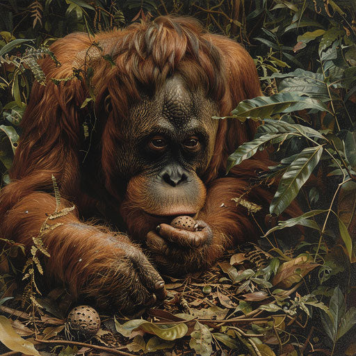 Tapanuli orangutan inspecting curious object in the forest