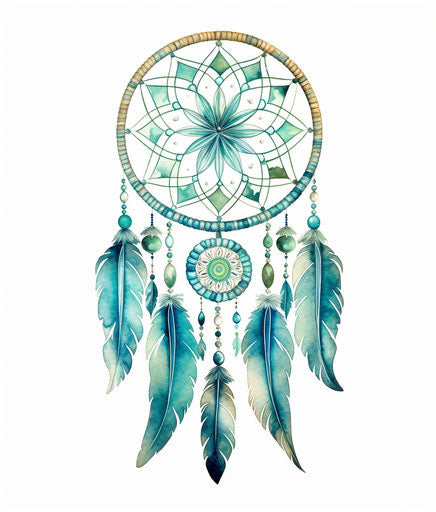 Dream catcher with green feathers and dots on a white background